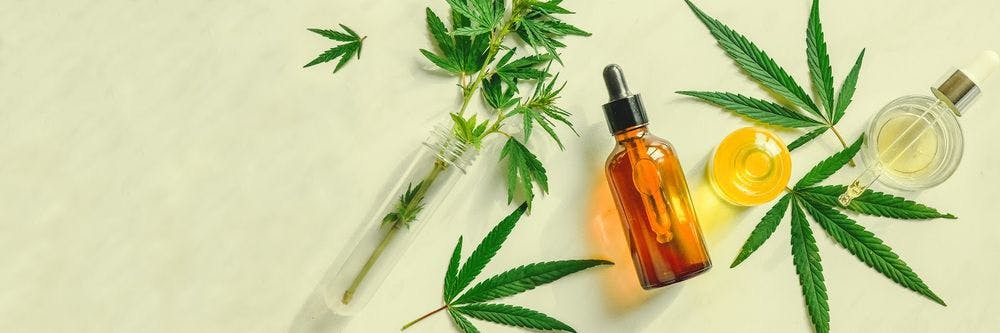CBD oil vial with hemp marijuana leaves around it