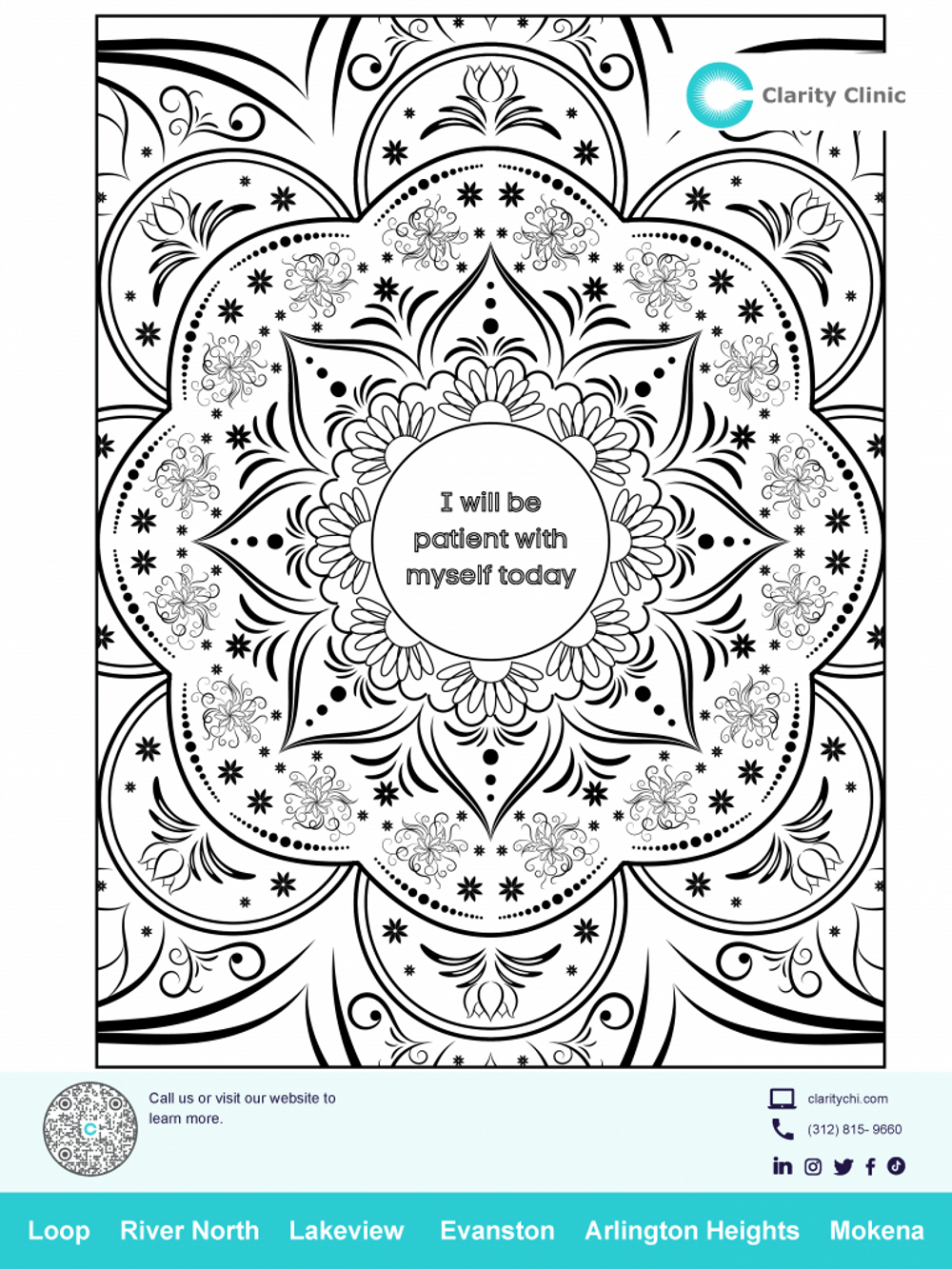 Clarity Clinic Coloring Sheet - I will be patient with myself today