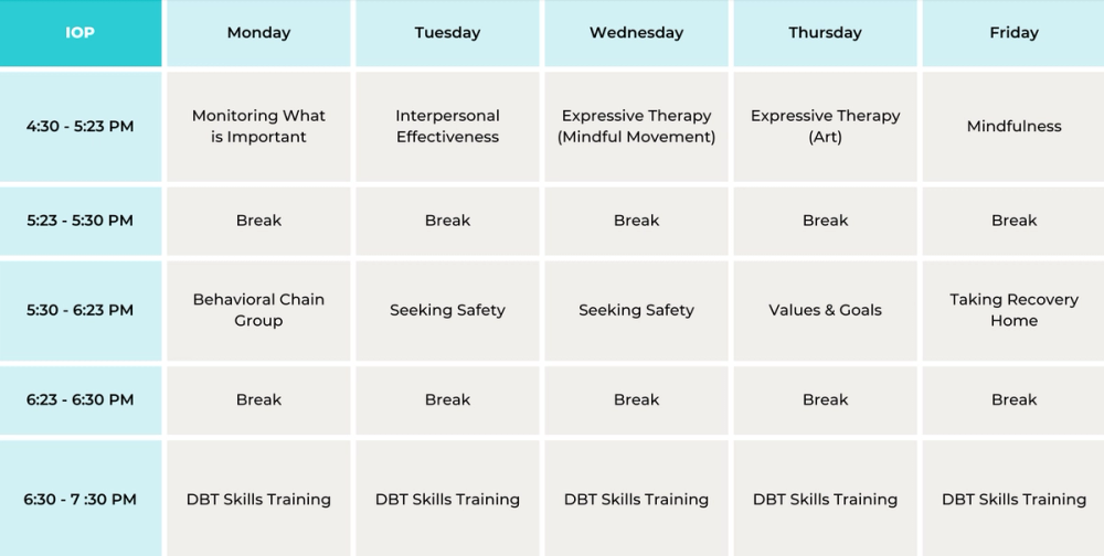 Sample Intensive Outpatient Program (IOP) Schedule